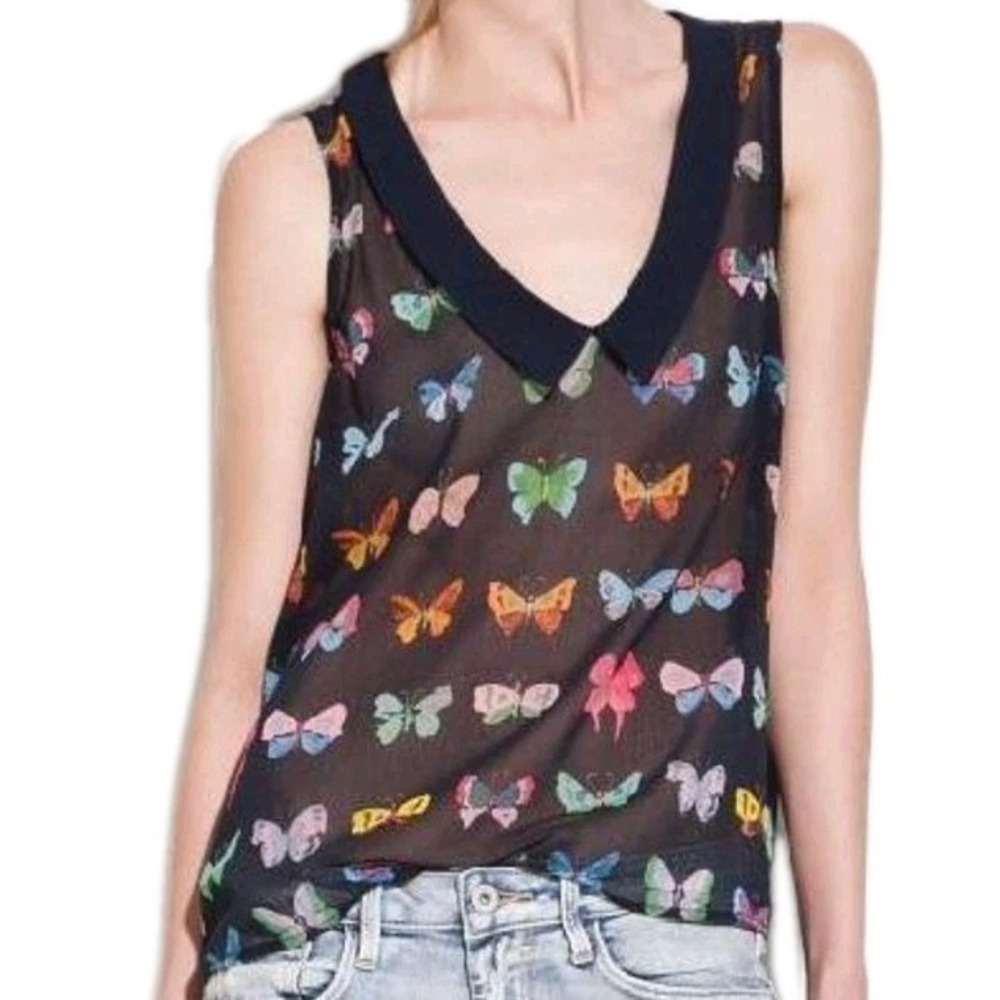 Butterfly Top Womens Large Chiffon Sheer Dainty Feminine Peter Pan Collar Blouse